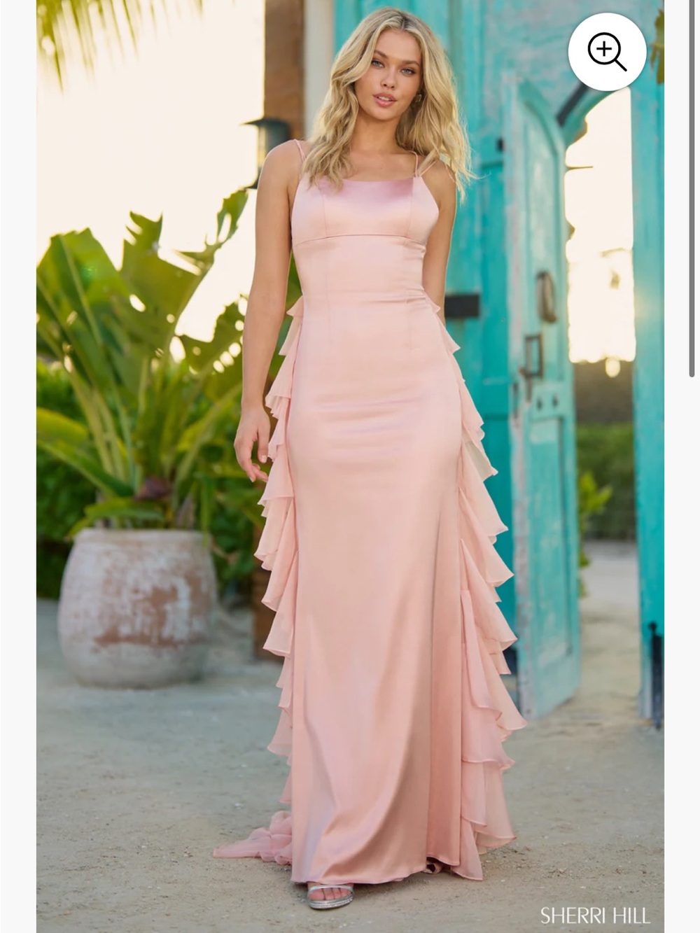 Sherri Hill 56078 Blush Pink Ruffle-Trim Evening Gown
